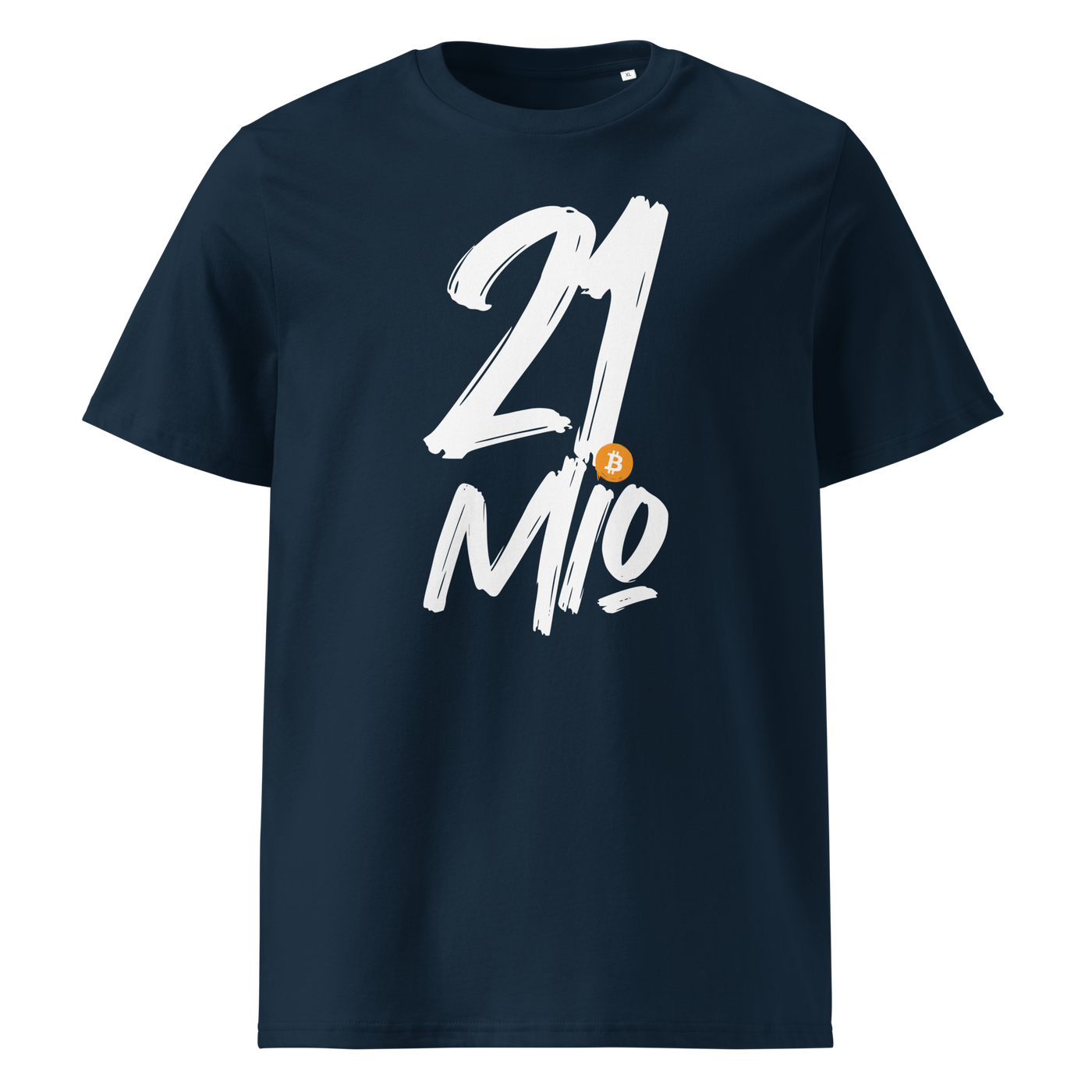 21 Million organic cotton bitcoin t-shirt in French Navy, front view: 21 Mio. in black brush lettering with an orange bitcoin coin.