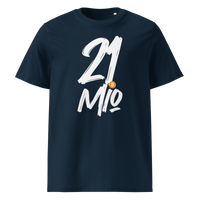 21 Million organic cotton bitcoin t-shirt in French Navy, front view: 21 Mio. in black brush lettering with an orange bitcoin coin.