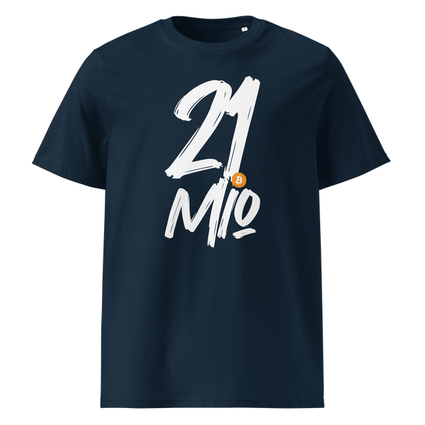 21 Million organic cotton bitcoin t-shirt in French Navy, front view: 21 Mio. in black brush lettering with an orange bitcoin coin.