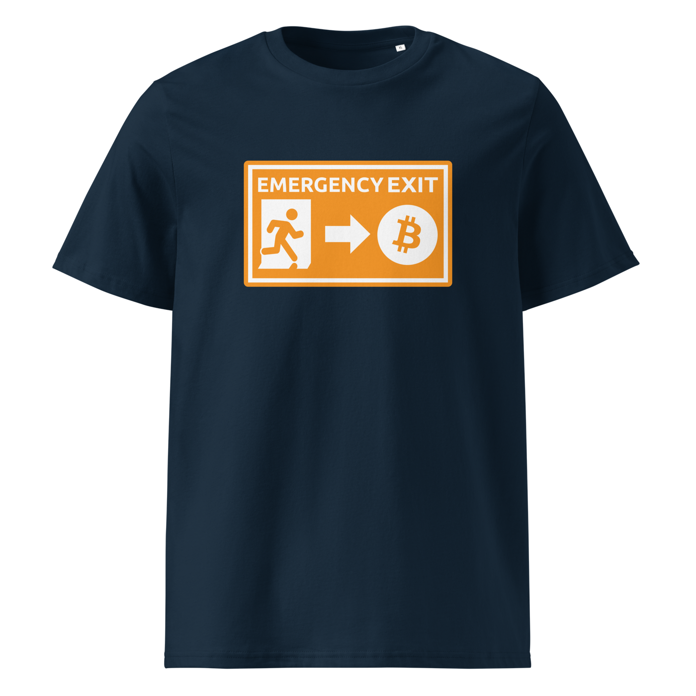Emergency Exit organic cotton bitcoin t-shirt in French Navy, front view: an orange emergency exit sign where the running figure heads towards a bitcoin symbol.