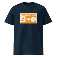 Emergency Exit organic cotton bitcoin t-shirt in French Navy, front view: an orange emergency exit sign where the running figure heads towards a bitcoin symbol.
