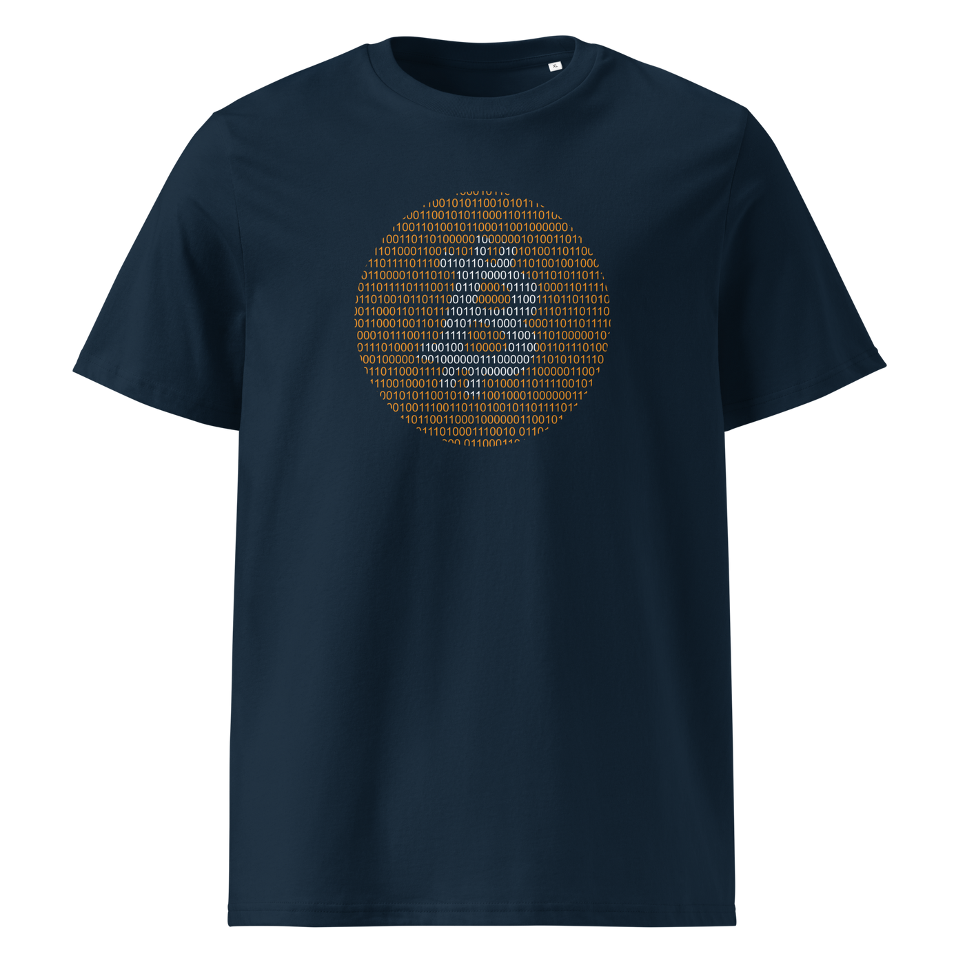 Bitcoin Binary organic cotton bitcoin t-shirt in French Navy, front view: an orange bitcoin symbol built from binary digits.