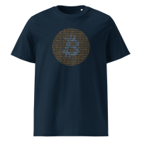 Bitcoin Binary organic cotton bitcoin t-shirt in French Navy, front view: an orange bitcoin symbol built from binary digits.