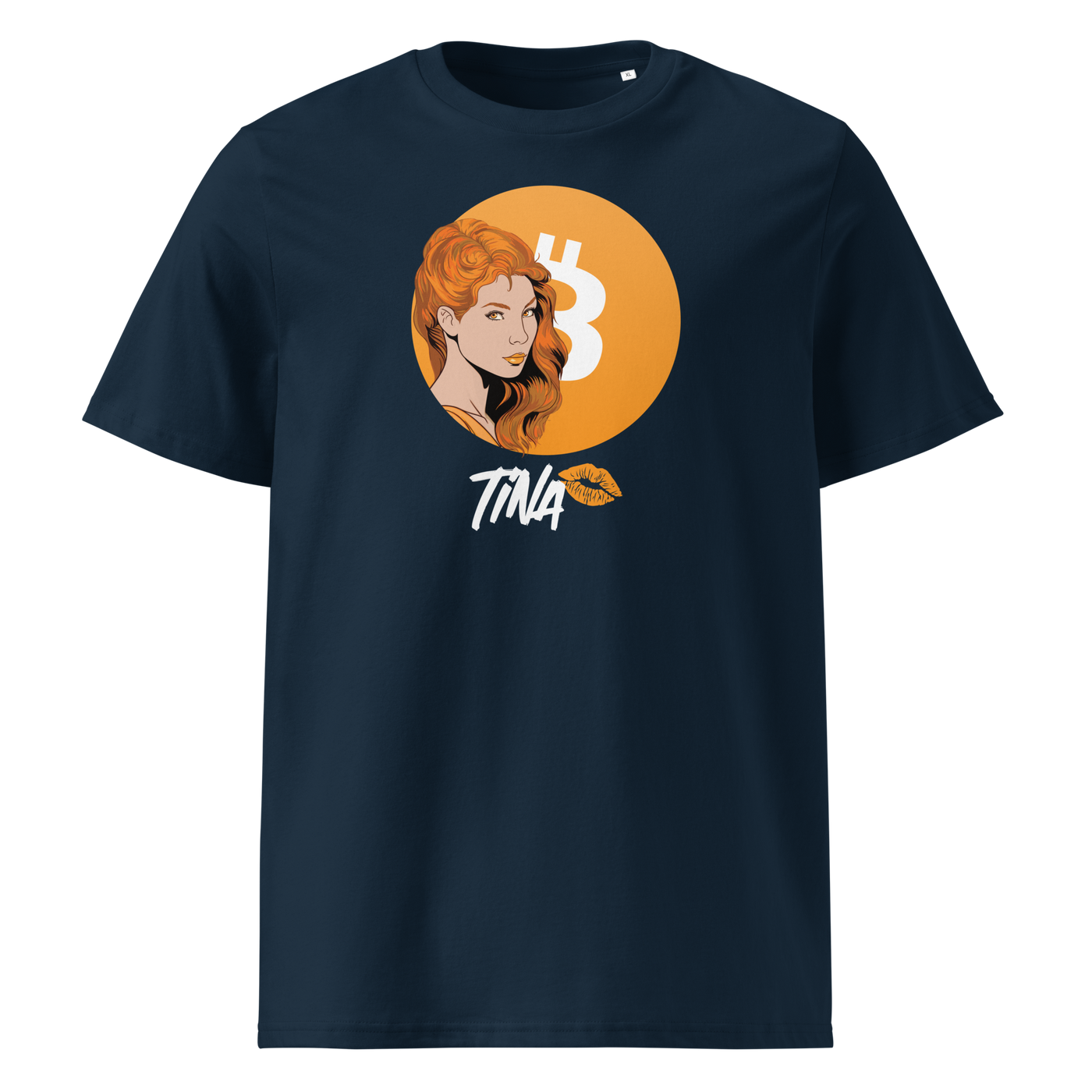 TINA organic cotton bitcoin t-shirt in French Navy, front view: an illustrated red haired woman in front of an orange bitcoin circle, signed TINA.