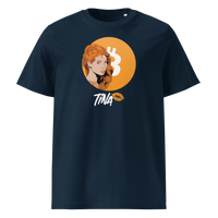 TINA organic cotton bitcoin t-shirt in French Navy, front view: an illustrated red haired woman in front of an orange bitcoin circle, signed TINA.