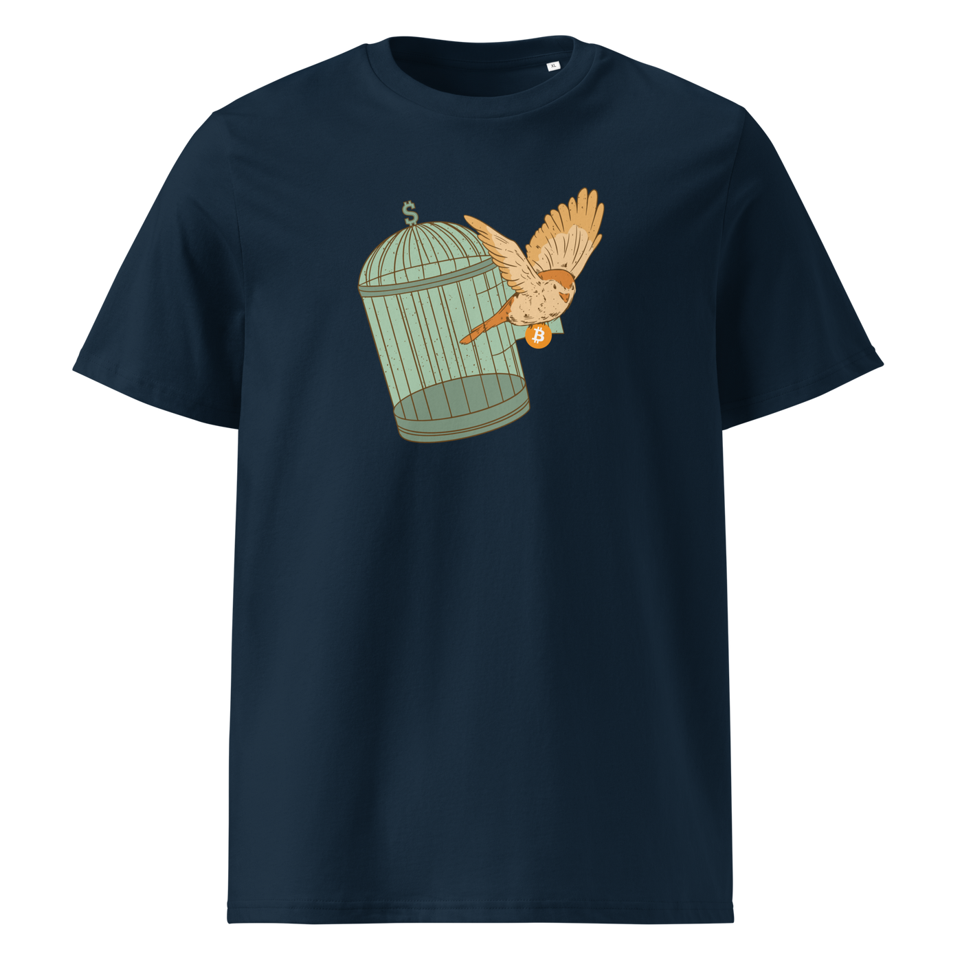 Escape from Fiat Madness organic cotton bitcoin t-shirt in French Navy, front view: an orange bird escaping from an open green birdcage.