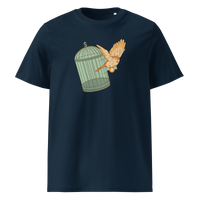 Escape from Fiat Madness organic cotton bitcoin t-shirt in French Navy, front view: an orange bird escaping from an open green birdcage.