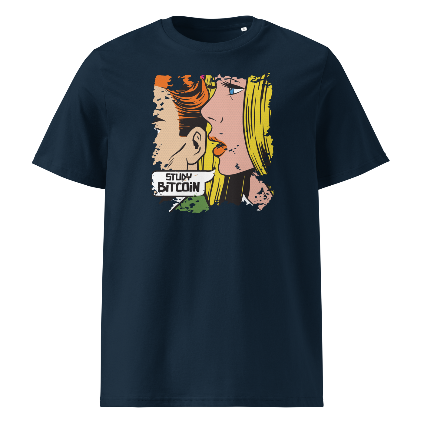 Study Bitcoin organic cotton bitcoin t-shirt in French Navy, front view: a pop art comic scene of a couple whispering, captioned Study Bitcoin.