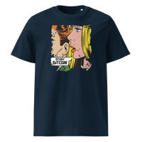 Study Bitcoin organic cotton bitcoin t-shirt in French Navy, front view: a pop art comic scene of a couple whispering, captioned Study Bitcoin.