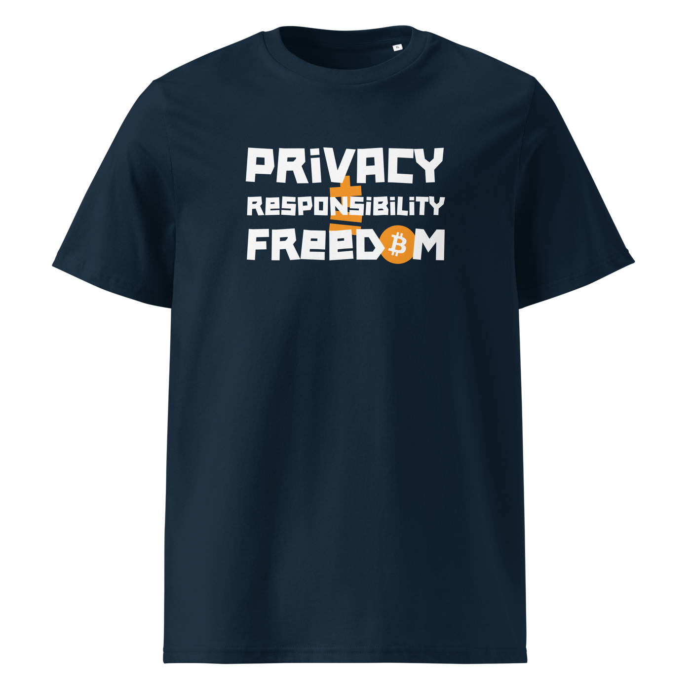 Privacy Responsibility Freedom organic cotton bitcoin t-shirt in French Navy, front view: Privacy Responsibility Freedom in white stencil letters, the O of Freedom an orange bitcoin coin.
