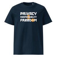 Privacy Responsibility Freedom organic cotton bitcoin t-shirt in French Navy, front view: Privacy Responsibility Freedom in white stencil letters, the O of Freedom an orange bitcoin coin.