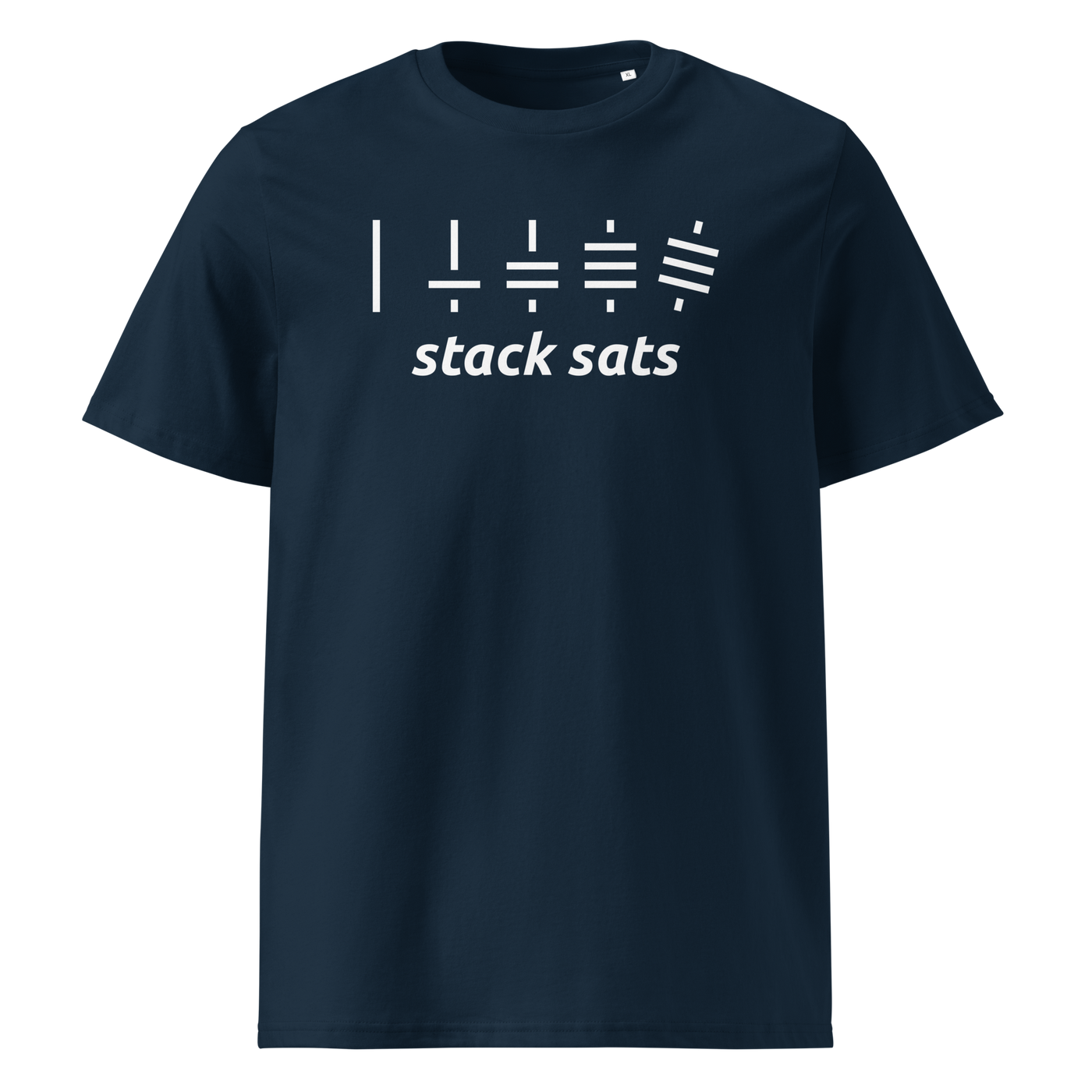 Stack Sats organic cotton bitcoin t-shirt in French Navy, front view: five rising stacks of lines above the words stack sats.