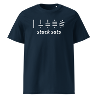 Stack Sats organic cotton bitcoin t-shirt in French Navy, front view: five rising stacks of lines above the words stack sats.