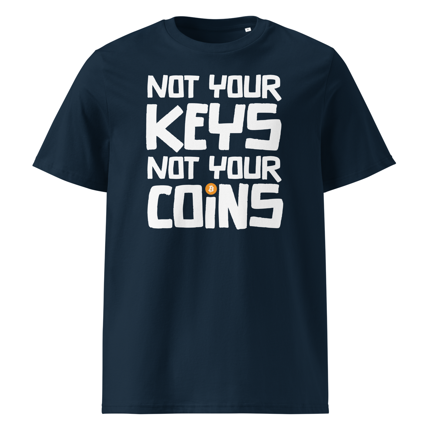 Not your Keys not your Coins organic cotton bitcoin t-shirt in French Navy, front view: Not your Keys not your Coins in bold black letters with an orange bitcoin dot.