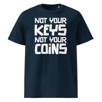 Not your Keys not your Coins organic cotton bitcoin t-shirt in French Navy, front view: Not your Keys not your Coins in bold black letters with an orange bitcoin dot.