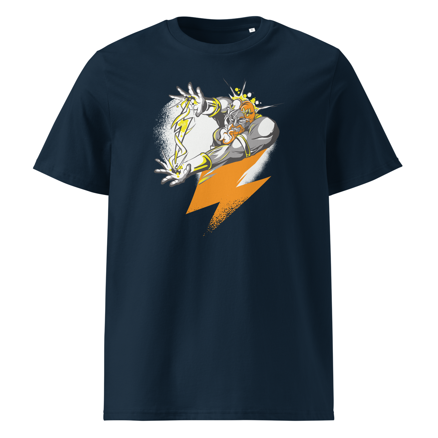 Bitcoin Support Zeus organic cotton bitcoin t-shirt in French Navy, front view: Zeus hurling an orange lightning bolt from a cloud.