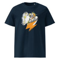 Bitcoin Support Zeus organic cotton bitcoin t-shirt in French Navy, front view: Zeus hurling an orange lightning bolt from a cloud.