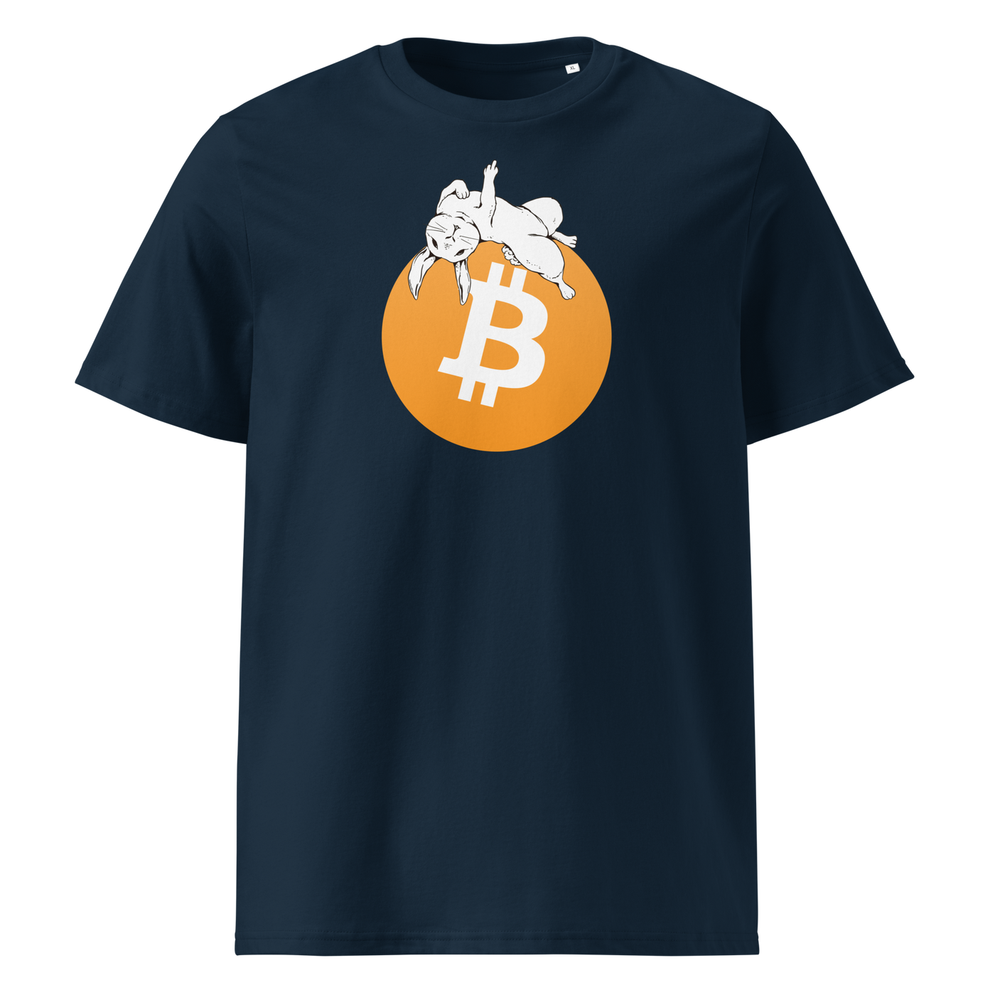 White Rabbit Bitcoin - F*** Fiat Money organic cotton bitcoin t-shirt in French Navy, front view: a white rabbit leaping over a large orange bitcoin coin.