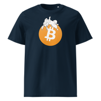 White Rabbit Bitcoin - F*** Fiat Money organic cotton bitcoin t-shirt in French Navy, front view: a white rabbit leaping over a large orange bitcoin coin.