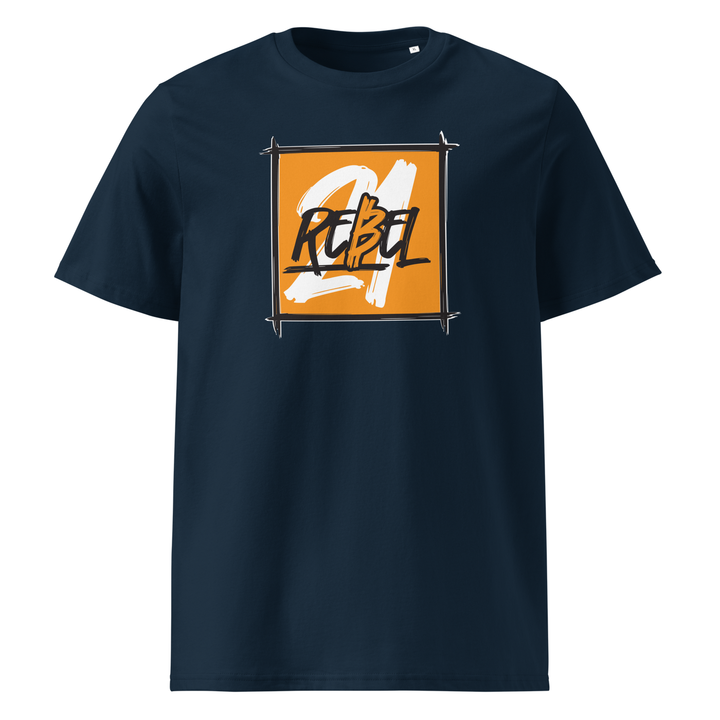 21 Rebel organic cotton bitcoin t-shirt in French Navy, front view: a brushed orange square with 21 REBEL in white and black lettering.