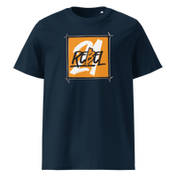 21 Rebel organic cotton bitcoin t-shirt in French Navy, front view: a brushed orange square with 21 REBEL in white and black lettering.