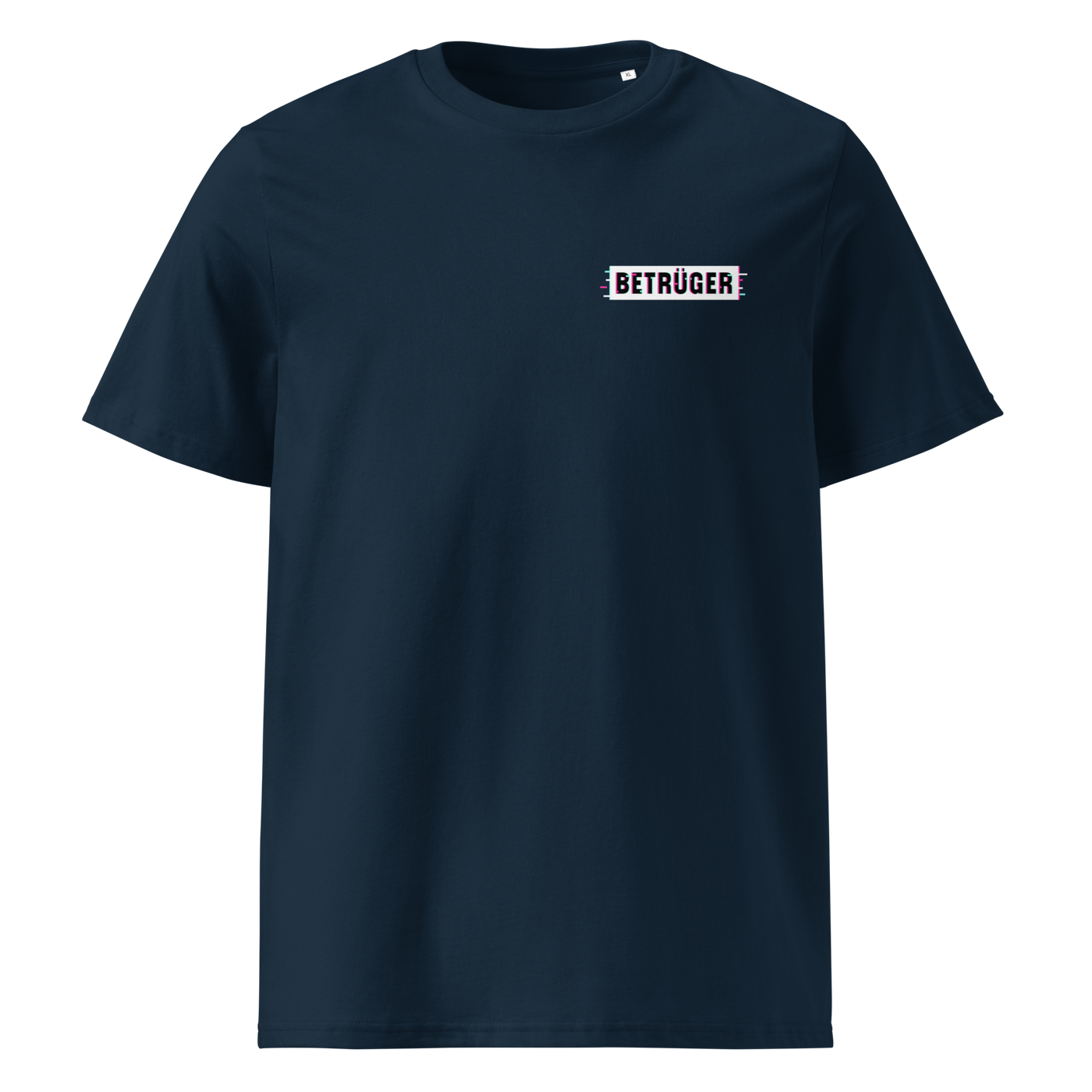 Betrüger anarcho late night organic cotton t-shirt in French Navy, front view: a small black box logo reading Betrueger on the left chest.