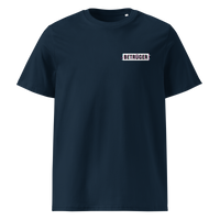 Betrüger anarcho late night organic cotton t-shirt in French Navy, front view: a small black box logo reading Betrueger on the left chest.