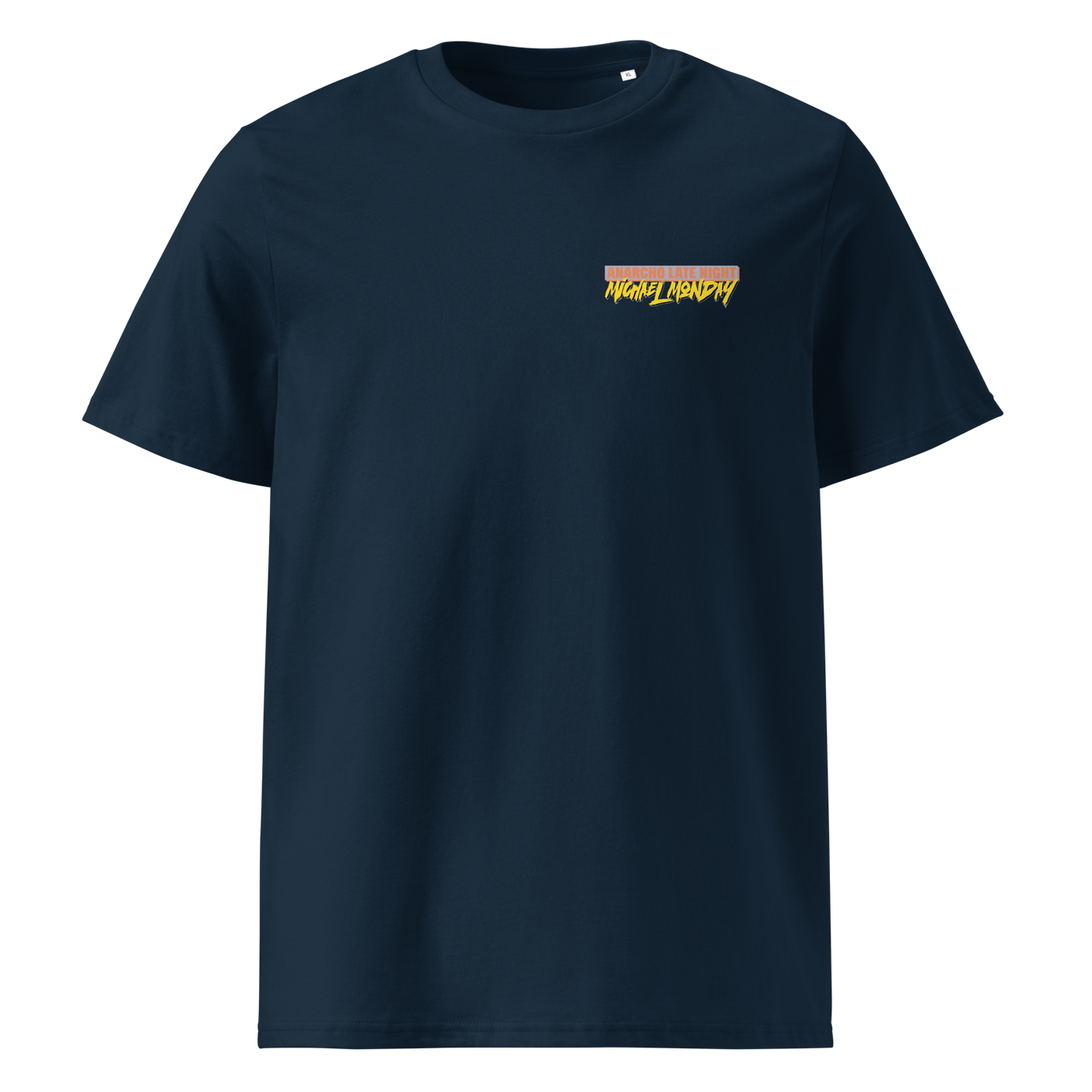 Michael Monday anarcho late night organic cotton t-shirt in French Navy, front view: small Michael Monday brush lettering on the left chest.