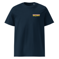 Michael Monday anarcho late night organic cotton t-shirt in French Navy, front view: small Michael Monday brush lettering on the left chest.