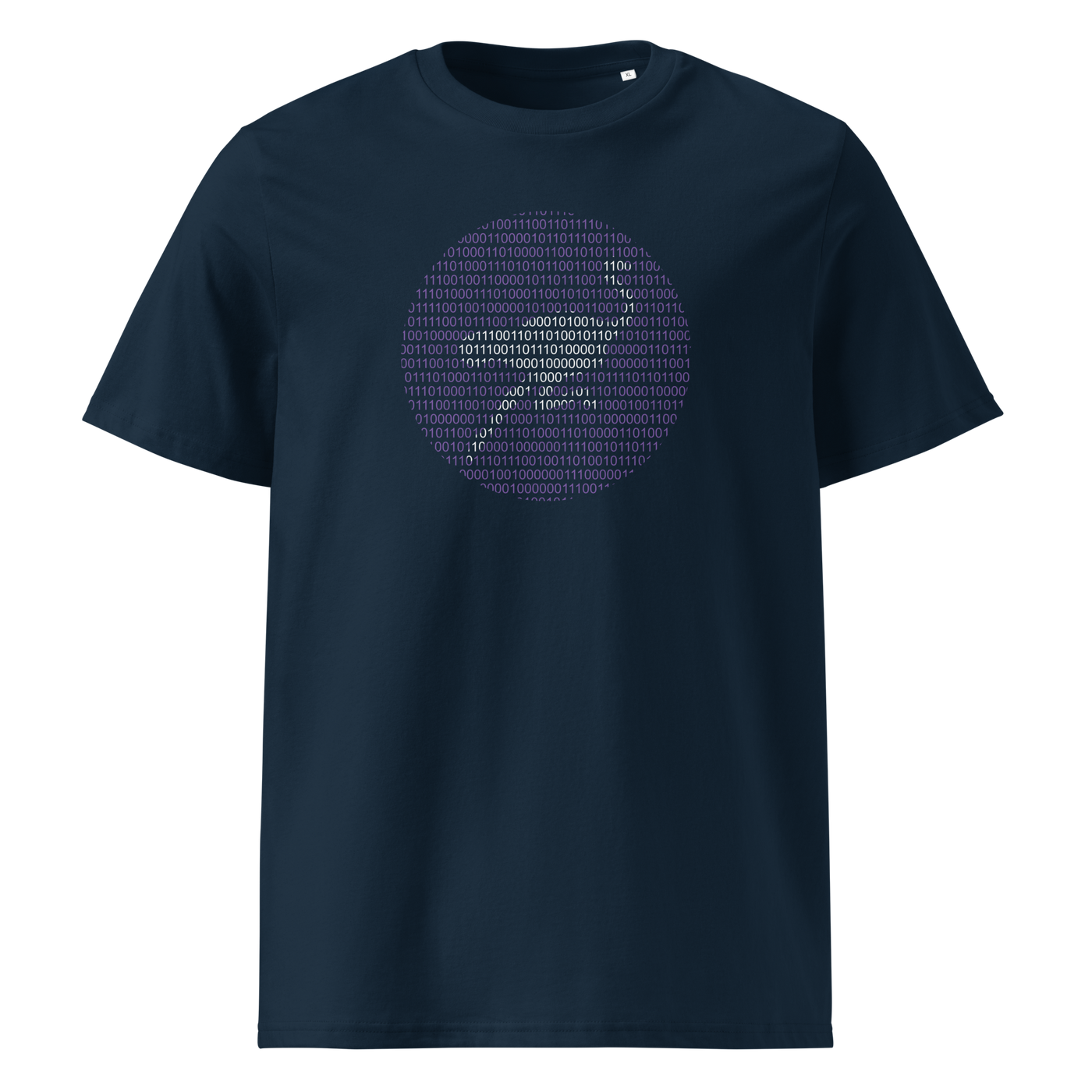 Nostr Binary organic cotton nostr t-shirt in French Navy, front view: a round emblem built from purple binary digits.