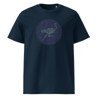 Nostr Binary organic cotton nostr t-shirt in French Navy, front view: a round emblem built from purple binary digits.