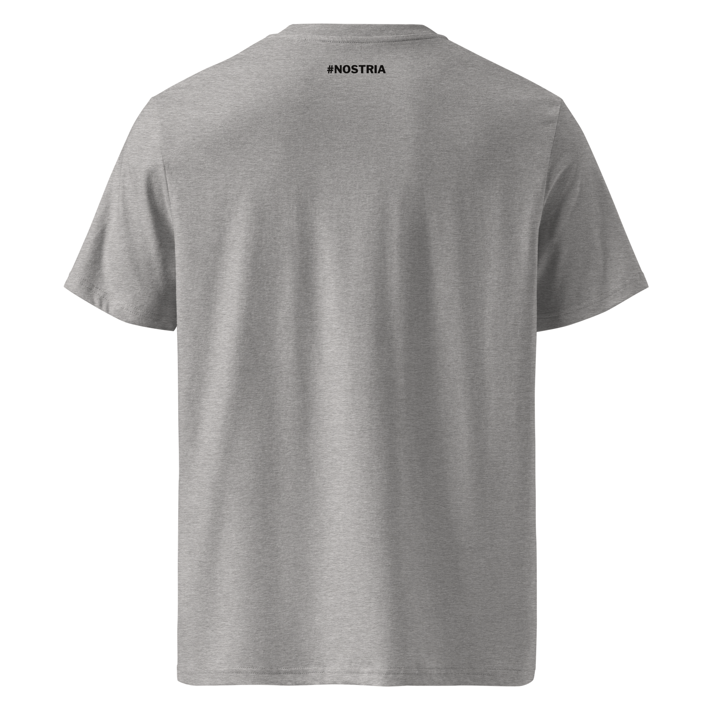 RUN DVM organic cotton nostr t-shirt in Heather Grey, back view: a small hashtag NOSTRIA print below the neckline.