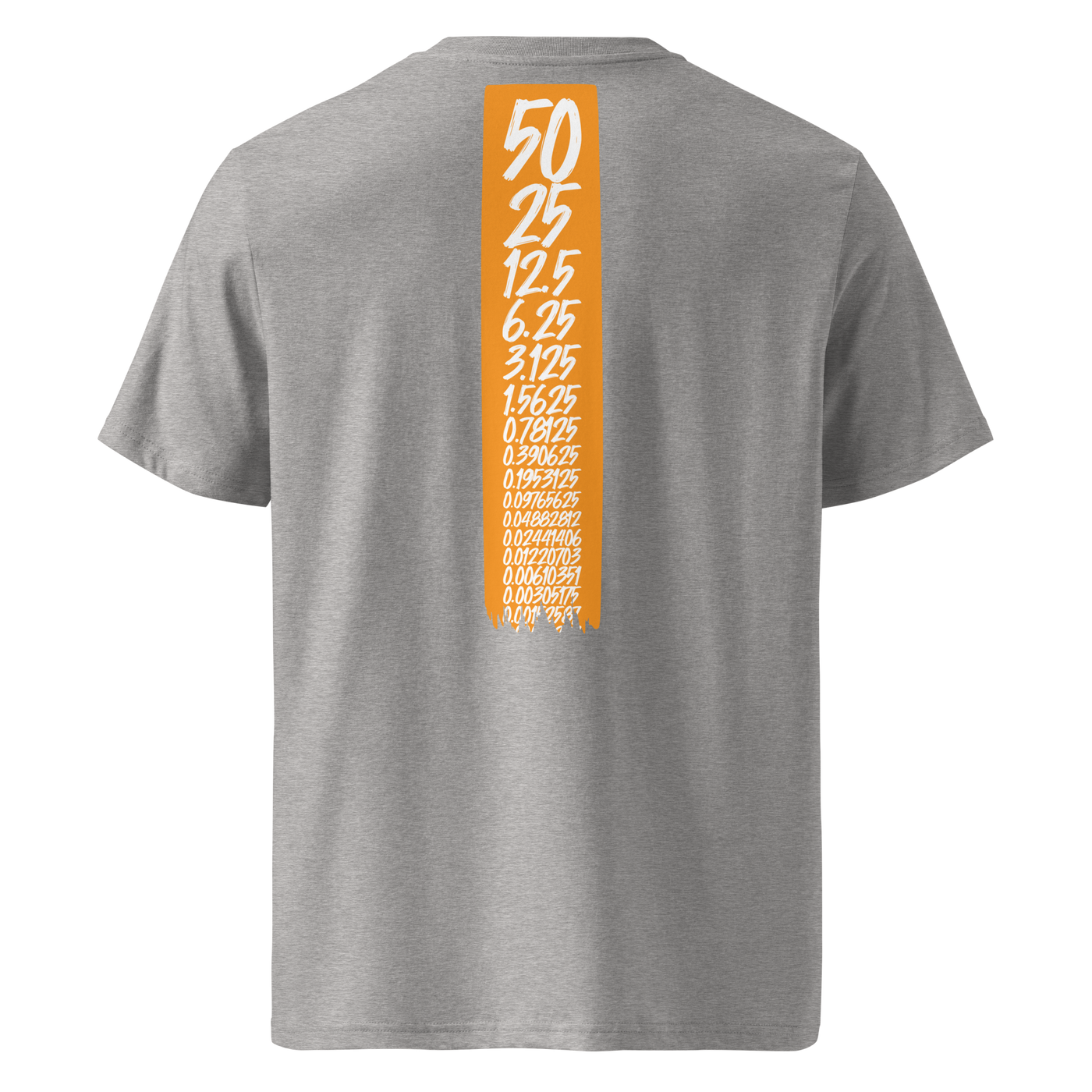 Bitcoin Halving organic cotton bitcoin t-shirt in Heather Grey, back view: an orange banner listing the halving block rewards from 50 down to 0.00190735.