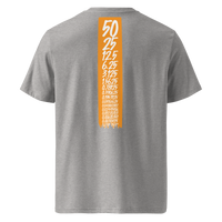 Bitcoin Halving organic cotton bitcoin t-shirt in Heather Grey, back view: an orange banner listing the halving block rewards from 50 down to 0.00190735.