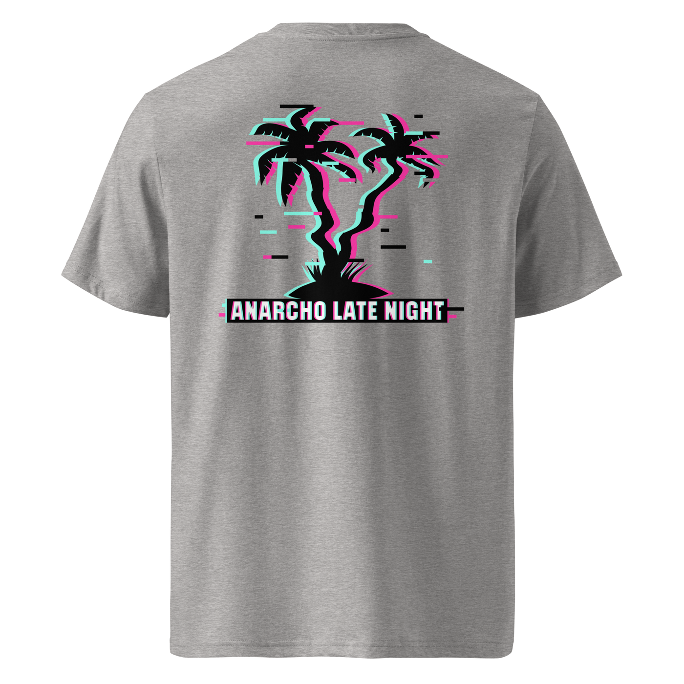 Betrüger anarcho late night organic cotton t-shirt in Heather Grey, back view: neon glitch palm trees above a banner reading Anarcho Late Night.