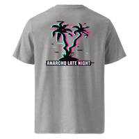 Betrüger anarcho late night organic cotton t-shirt in Heather Grey, back view: neon glitch palm trees above a banner reading Anarcho Late Night.