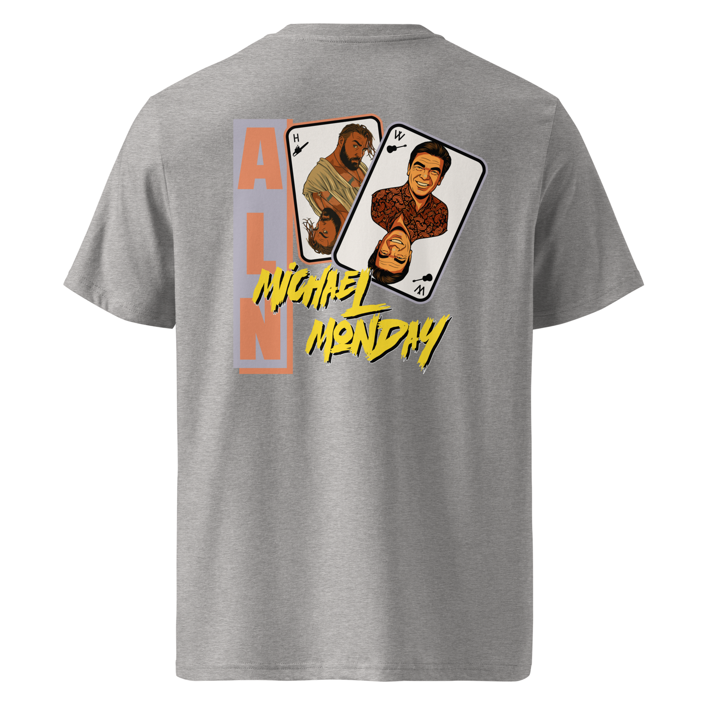 Michael Monday anarcho late night organic cotton t-shirt in Heather Grey, back view: two playing cards with illustrated portraits next to Michael Monday in yellow brush lettering.