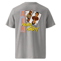 Michael Monday anarcho late night organic cotton t-shirt in Heather Grey, back view: two playing cards with illustrated portraits next to Michael Monday in yellow brush lettering.