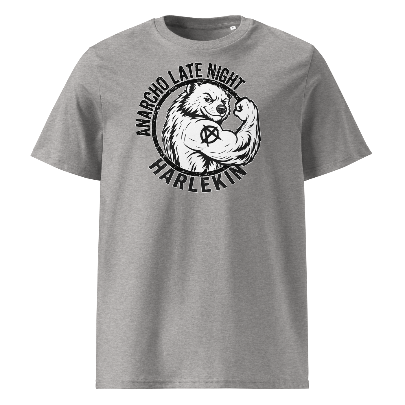 Anarcho Late Night organic cotton t-shirt in Heather Grey, front view: a round black emblem of a flexing badger reading Anarcho Late Night Harlekin.