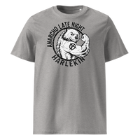 Anarcho Late Night organic cotton t-shirt in Heather Grey, front view: a round black emblem of a flexing badger reading Anarcho Late Night Harlekin.