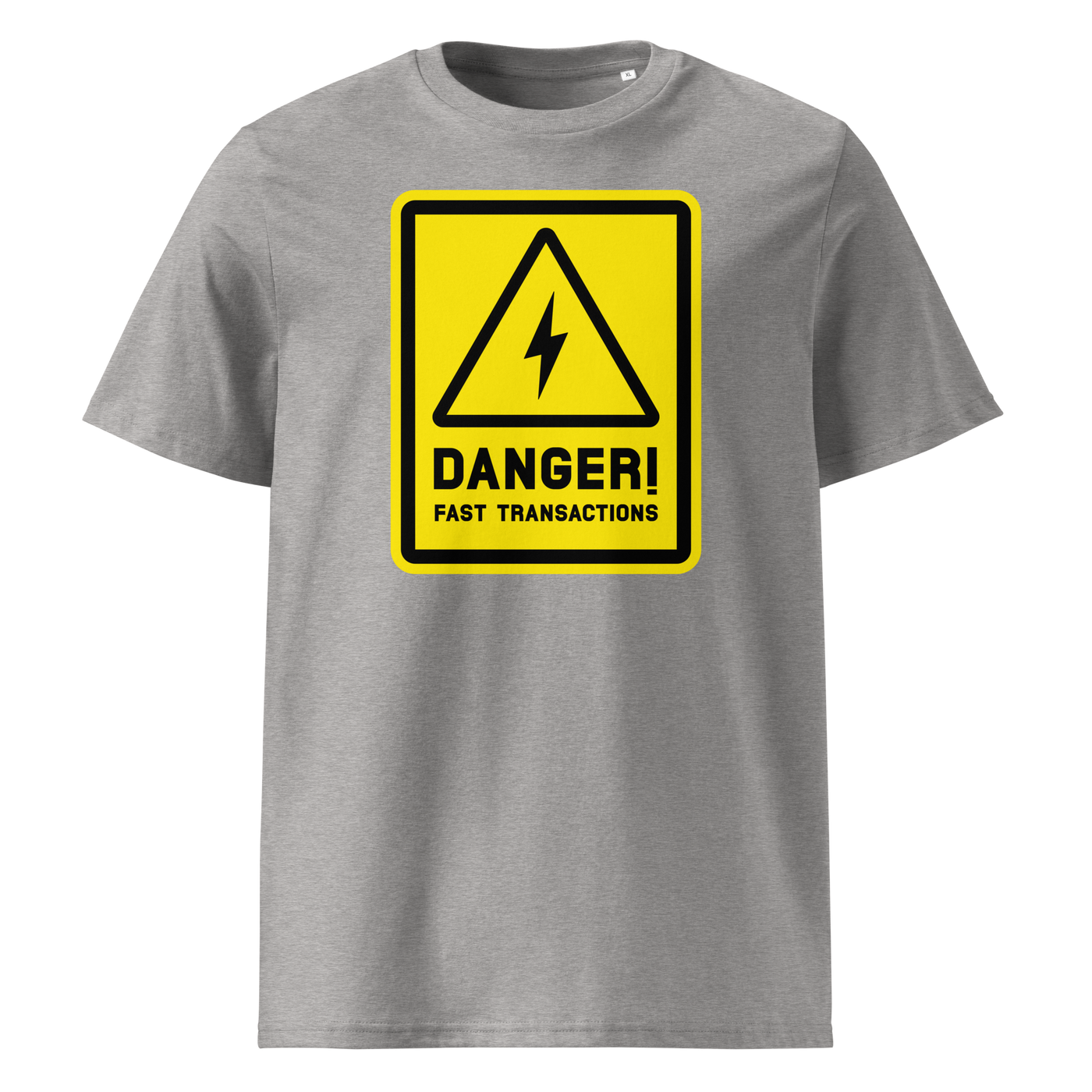 Lightning - Danger! Fast Transactions organic cotton bitcoin t-shirt in Heather Grey, front view: a yellow warning sign with a lightning bolt reading Danger! Fast Transactions.