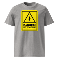 Lightning - Danger! Fast Transactions organic cotton bitcoin t-shirt in Heather Grey, front view: a yellow warning sign with a lightning bolt reading Danger! Fast Transactions.