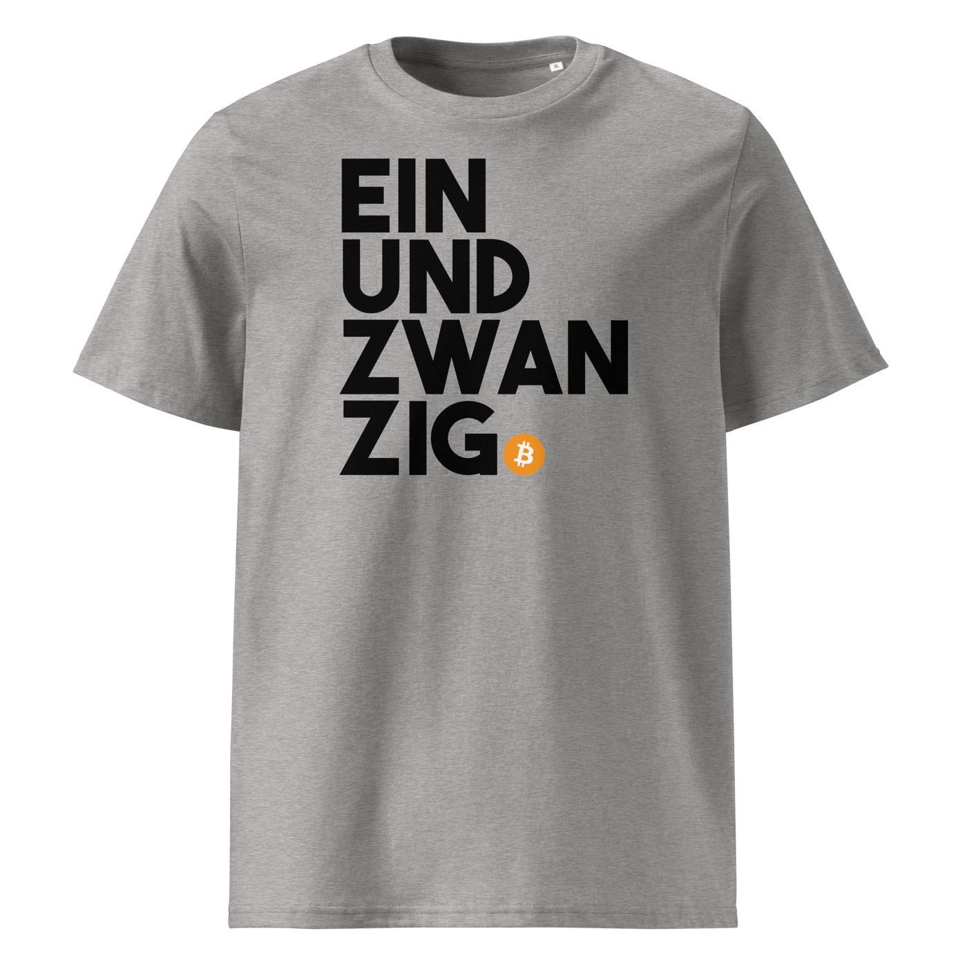 Einundzwanzig organic cotton bitcoin t-shirt in Heather Grey, front view: Einundzwanzig stacked in black block letters with an orange bitcoin coin.