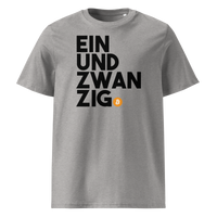 Einundzwanzig organic cotton bitcoin t-shirt in Heather Grey, front view: Einundzwanzig stacked in black block letters with an orange bitcoin coin.