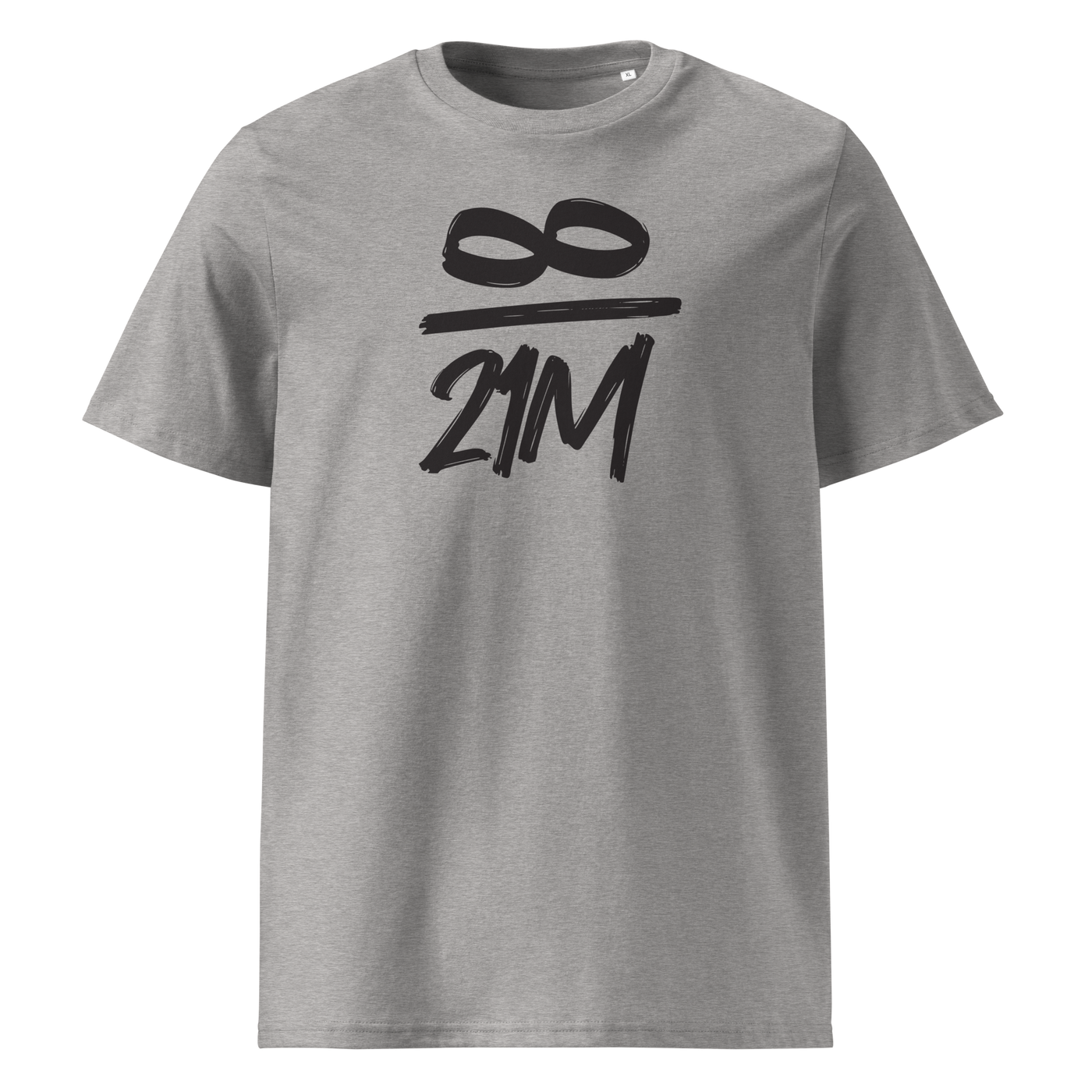 Infinity / 21 Million organic cotton bitcoin t-shirt in Heather Grey, front view: an infinity symbol over 21M in black brush lettering.