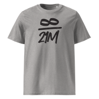 Infinity / 21 Million organic cotton bitcoin t-shirt in Heather Grey, front view: an infinity symbol over 21M in black brush lettering.