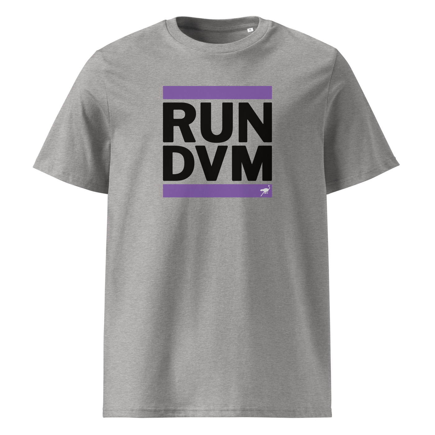 RUN DVM organic cotton nostr t-shirt in Heather Grey, front view: RUN DVM in black capitals between two purple bars.