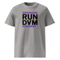 RUN DVM organic cotton nostr t-shirt in Heather Grey, front view: RUN DVM in black capitals between two purple bars.