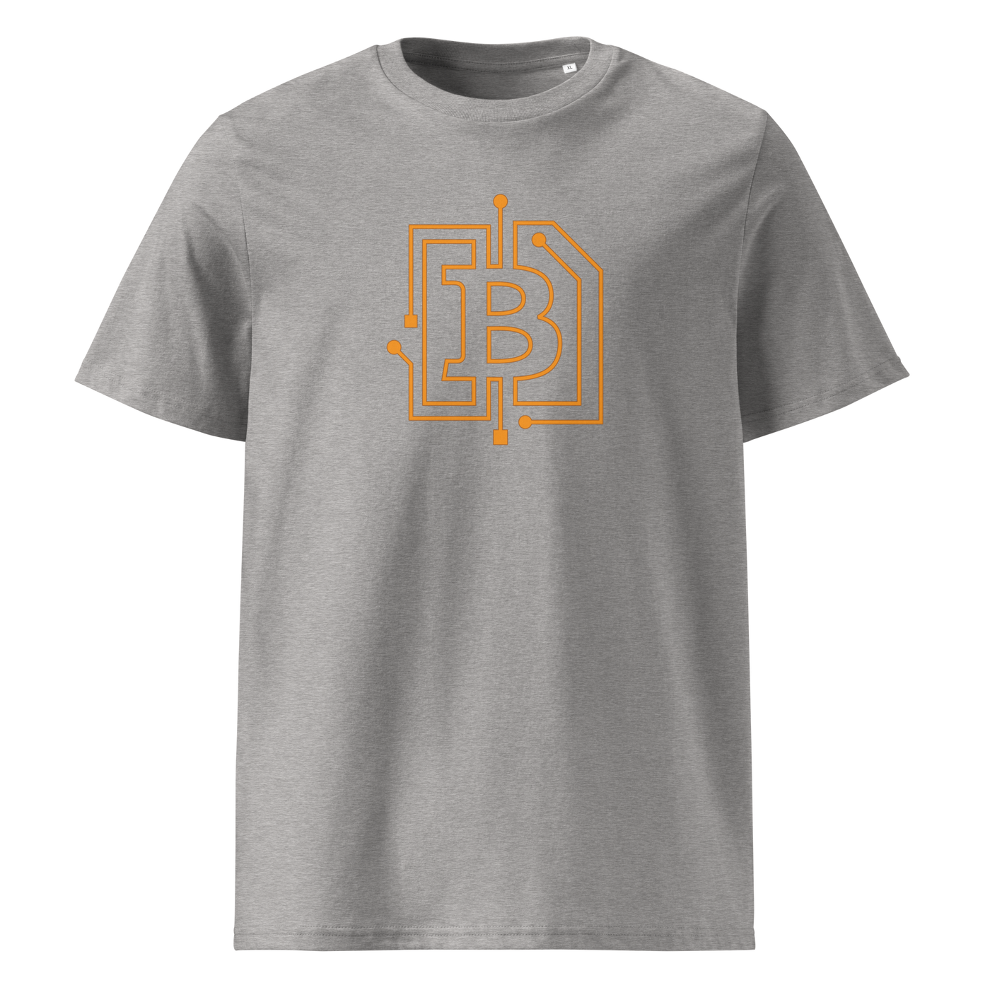 Circuit Board organic cotton bitcoin t-shirt in Heather Grey, front view: an orange bitcoin B drawn as circuit board traces.