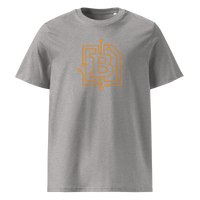 Circuit Board organic cotton bitcoin t-shirt in Heather Grey, front view: an orange bitcoin B drawn as circuit board traces.